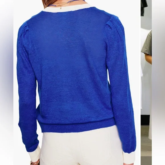 Boden Liv Linen Cardigan in bright blue with white bordering varsity size XL - Picture 4 of 12